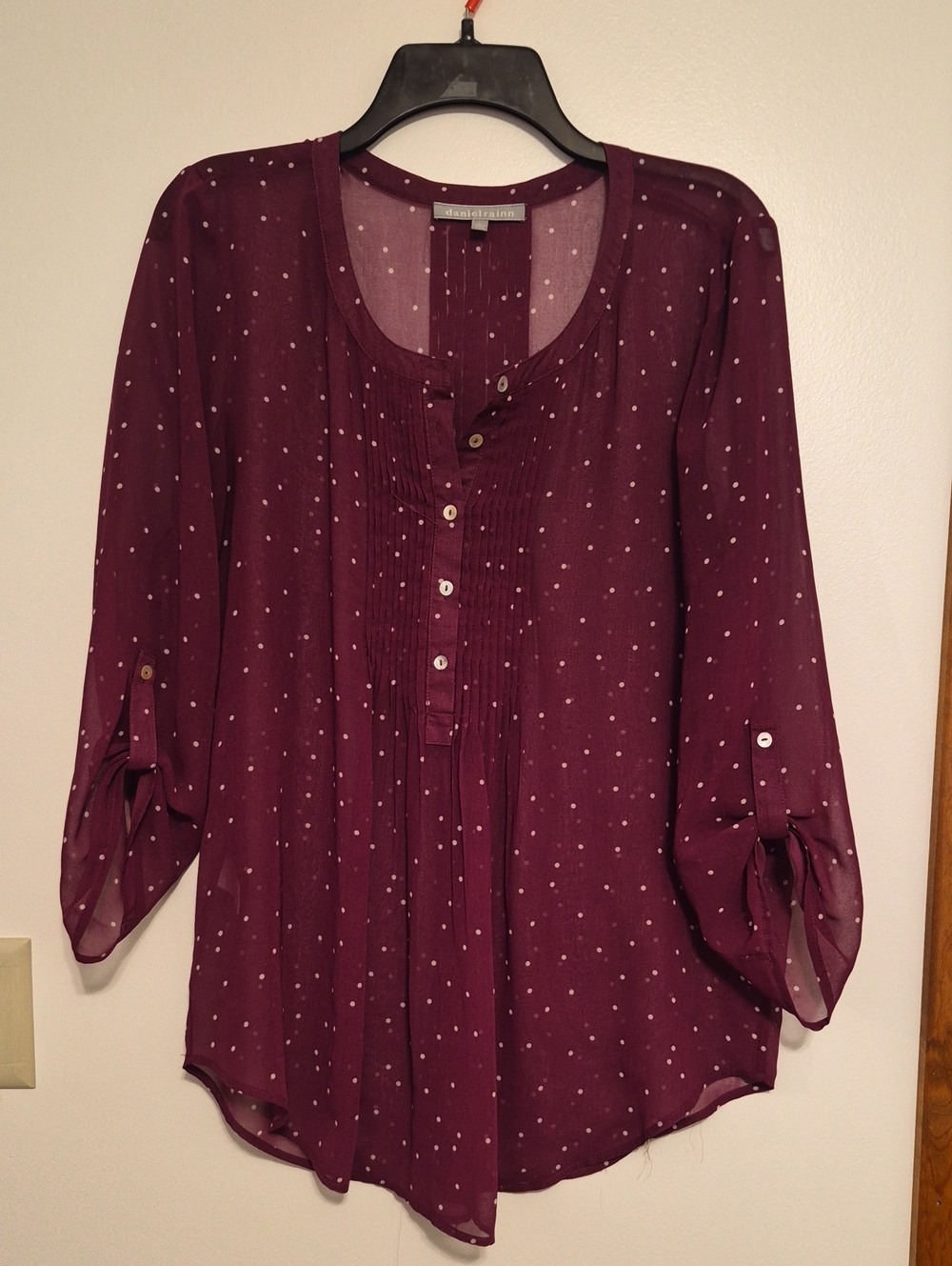 Daniel Rainn Burgundy  Polka Dot Pintuck Button Blouse SZ L